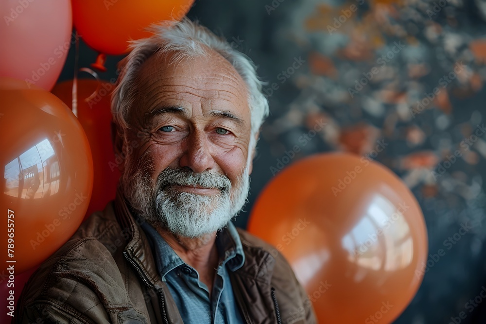 Portrait of an older man with a festive balloon background Portrait of an older man with a festive balloon background