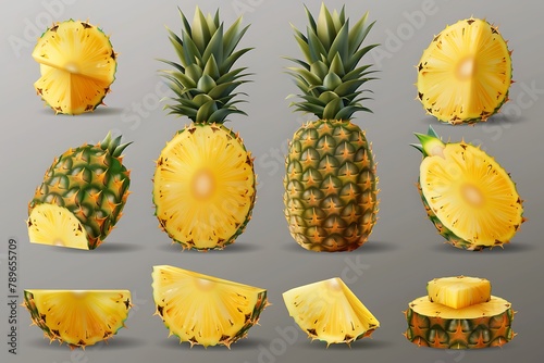 Realistic Pineapple Set. Fresh ripe sliced pineapple set on transparent background realistic vector illustration .