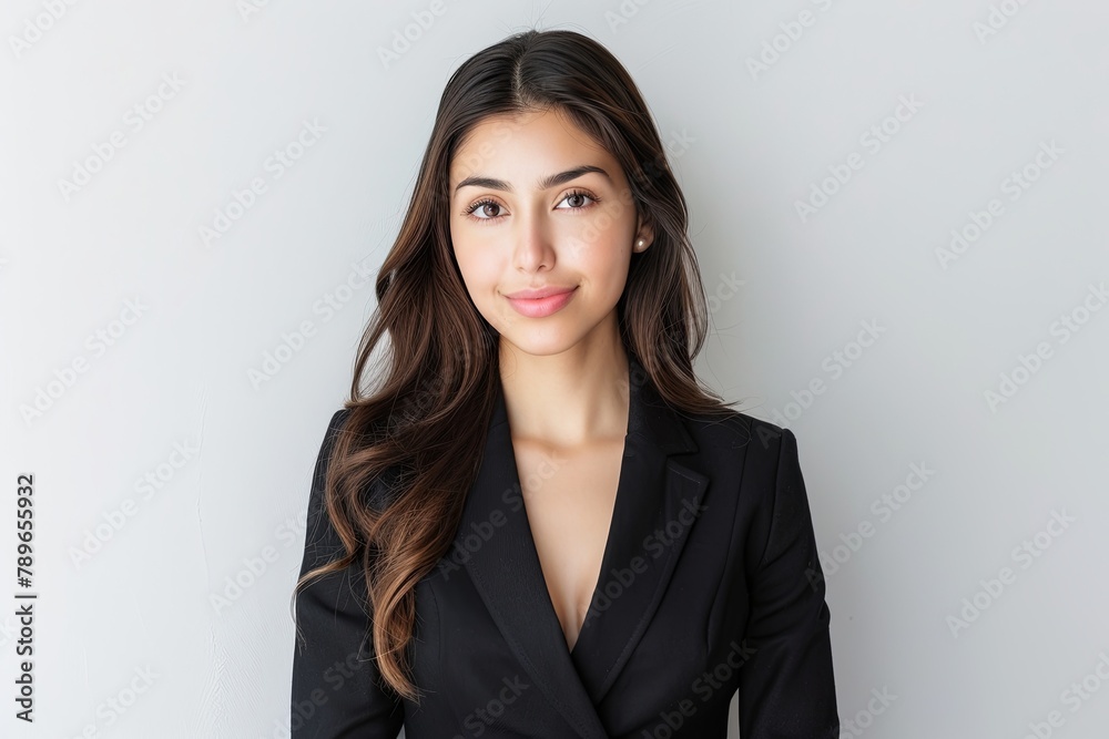 Professional Latina woman in black business suit. Studio portrait with neutral background. Corporate business and diverse workforce concept. High-resolution photography Professional Latina woman in black business suit. Studio portrait with neutral background. Corporate business and diverse workforce concept. High-resolution photography