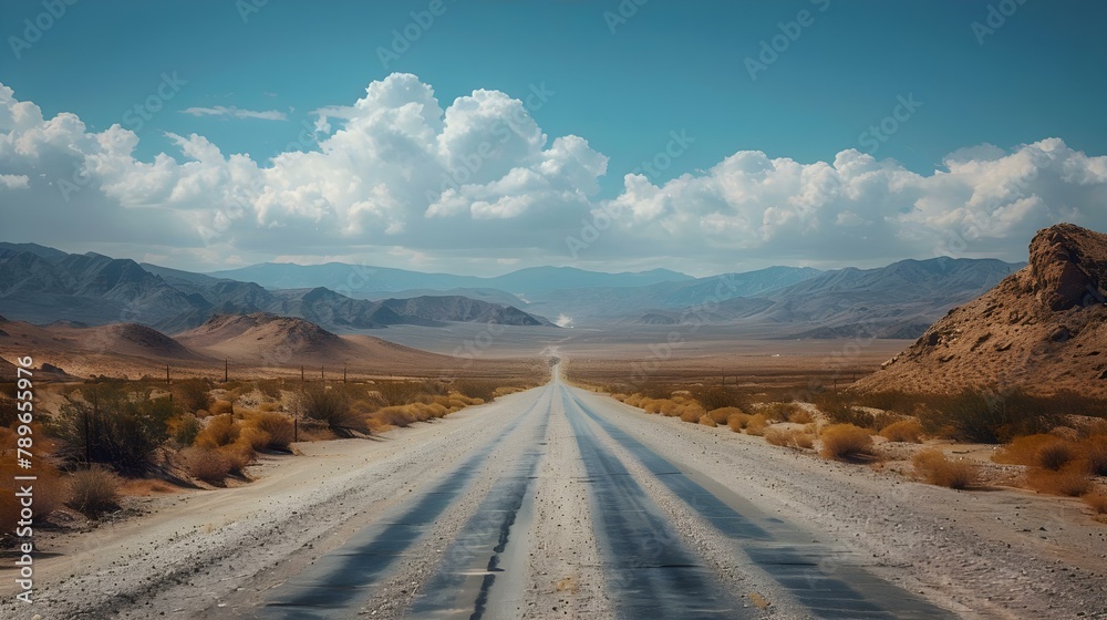 Desert Highway Journey: Endless Roads and Vast Horizons. Concept Road Trip Adventures, Scenic Landscapes, Sunset Drives, Remote Destinations, Middle of Nowhere