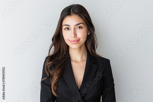 Professional Latina woman in black business suit. Studio portrait with neutral background. Corporate business and diverse workforce concept. High-resolution photography