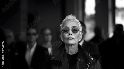 Portrait of elegant older woman with short hair, in rebellious and defiant attitude