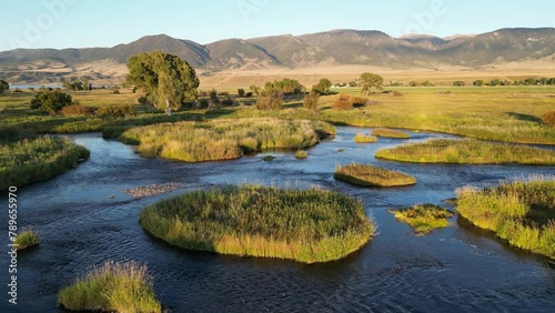 Drone flyover of the Madison River channel in Montana  photo