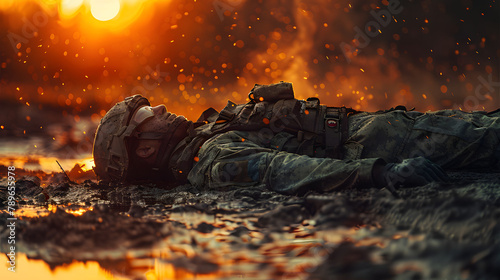 A soldier body lies in the mud , dramatic scene , Concept of war, army, weapon