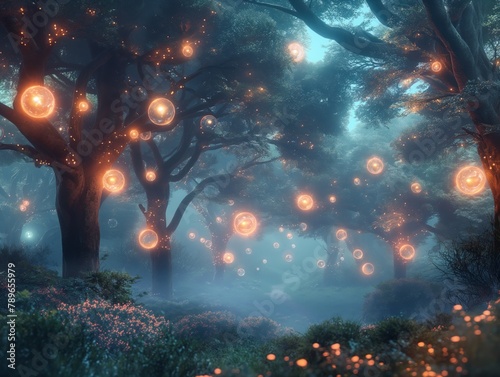 A forest with glowing orbs hanging from the trees. The orbs are lit up in various colors, creating a magical and ethereal atmosphere. Concept of wonder and awe, as if one is entering a mystical realm