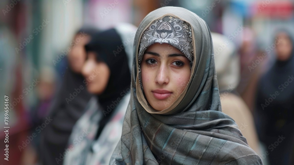 Muslim woman with a Hijab on her face walking on the street Muslim woman with a Hijab on her face walking on the street