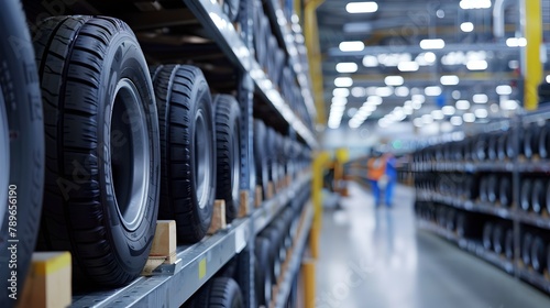 Vast warehouse aisle lined with car tires. Industrial storage rack concept. Focus on automotive parts, blurred background. Warehouse interior scene. AI