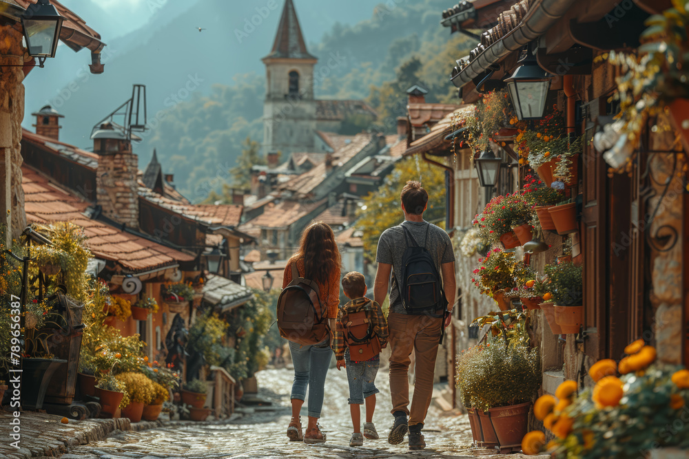 A family exploring historical landmarks and cultural attractions in a charming town, immersing themselves in local history and traditions. Generative Ai. A family exploring historical landmarks and cultural attractions in a charming town, immersing themselves in local history and traditions. Generative Ai.