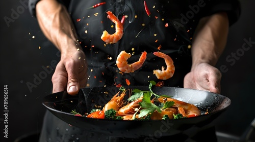 Chef Tossing Shrimp in a Pan During Flambe Cooking. Captivating Action Shot of Food Preparation. Culinary Art in Action. AI