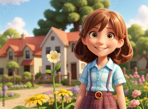Portrait of a smiling girl standing in a village garden, surrounded by flowers a sunny spring day.