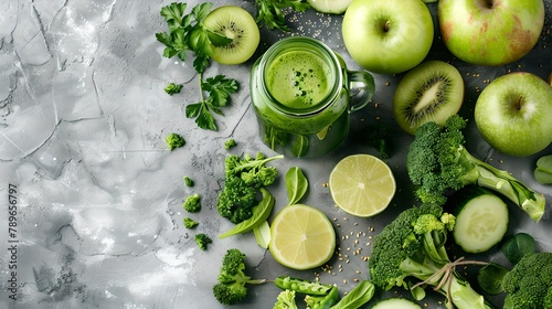 Fresh green juice and healthy ingredients on a marble background. Vibrant colors, natural look. Perfect for wellness and nutrition. AI photo
