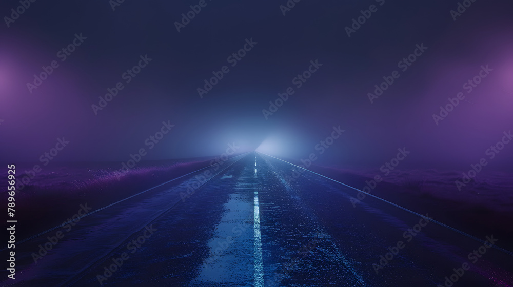 A long road at night with neon lights on the sides. minimalistic