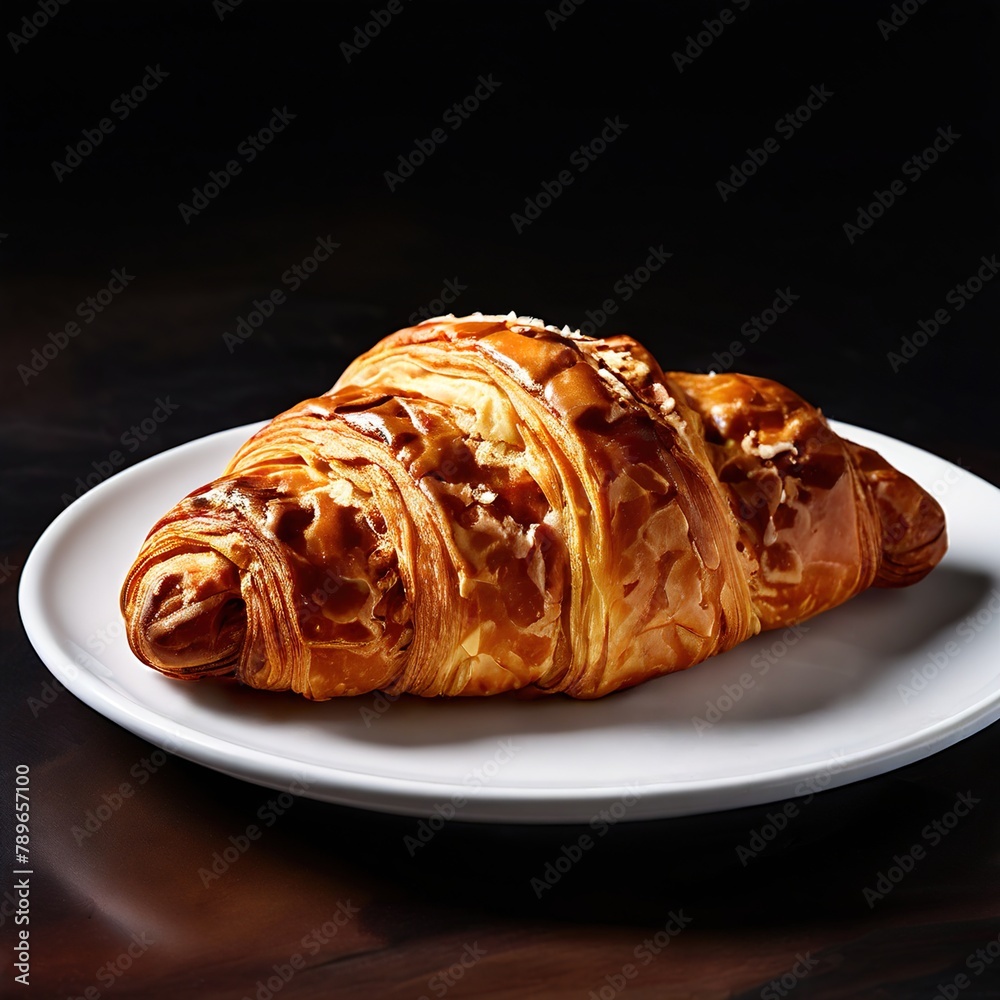 Croissant on a white plate and black background Croissant on a white plate and black background
