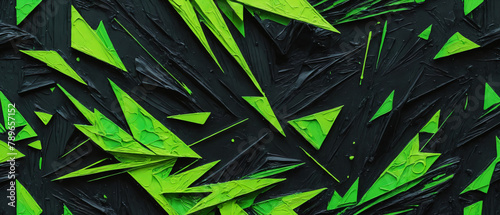 Neon green abstract paint triangle geometry on a black paint base, wallpaper