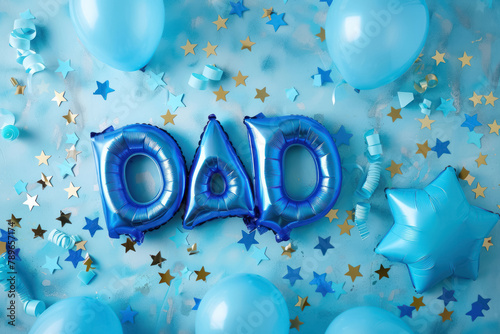 blue foil balloons spelling dad for father's day celebration with festive decorations on pastel blue background