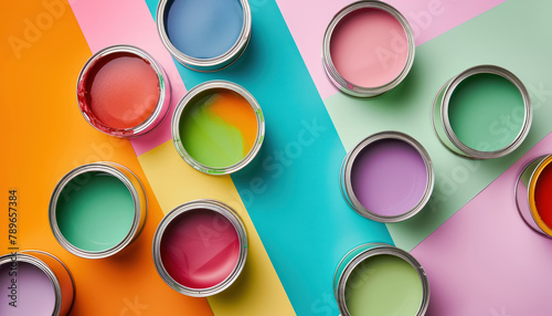 paint cans with bright colors mixing on pastel striped background for artistic design, top view 