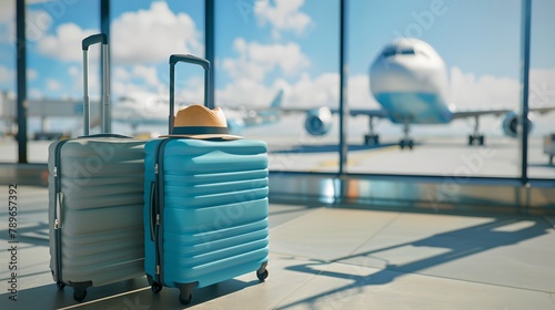 Travel ready luggage at airport terminal. Suitcase with hat against airplane background. Leisure, business trip concept image. AI