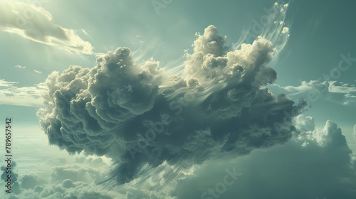 A massive cloud floating in the sky. with most of its volume obscured by the atmosphere and only a small portion visible. The hidden part is depicted as dense vapor photo