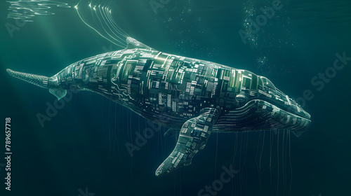A massive whale swimming in the ocean. with most of its body submerged under water and only the dorsal fin visible. The underwater part is depicted as smooth skin photo
