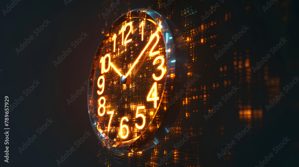 A modern digital clock with glowing digits symbolizing the relentless march of time. set against a pitch-black background. 