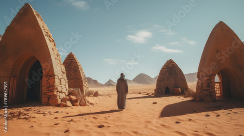 man standing in front of the Tomb of Lihyan son of Kuza in Saudi Arabia photo