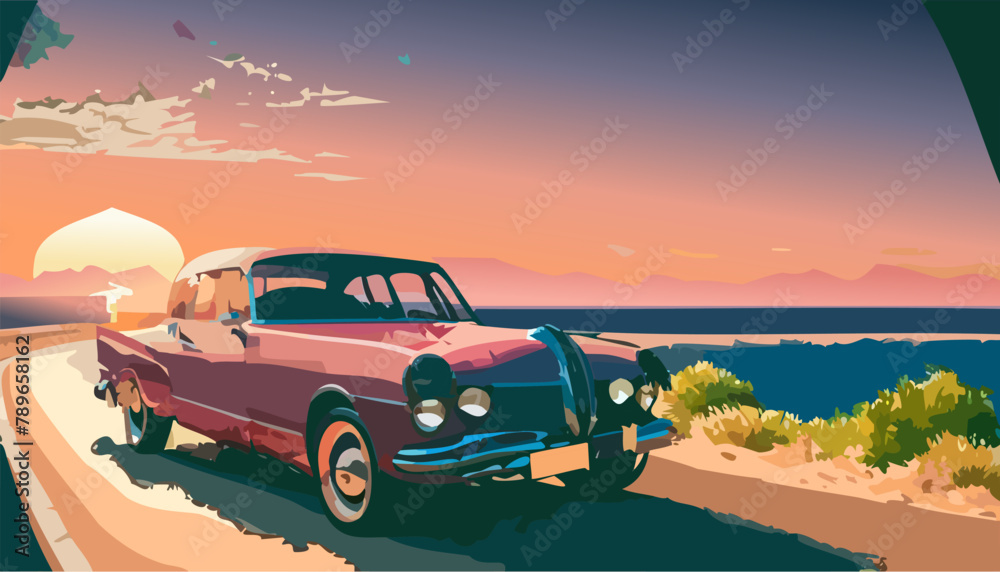Vintage car on the road in the desert at sunset