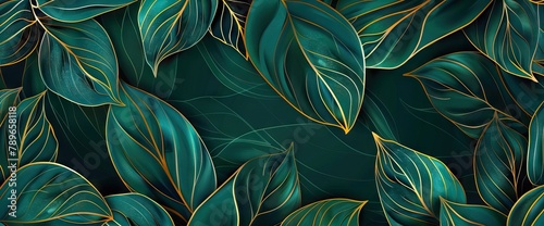 Luxury golden art deco wallpaper. Nature background. Floral pattern with golden split-leaf Philodendron plant with monstera plant line art. AI generated illustration