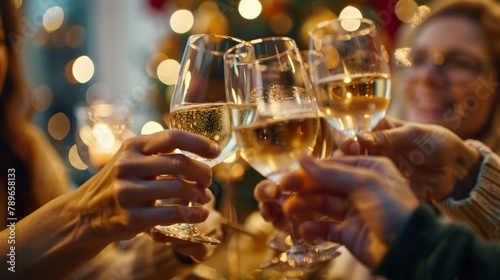 Celebratory champagne toast among friends, with warm bokeh lighting