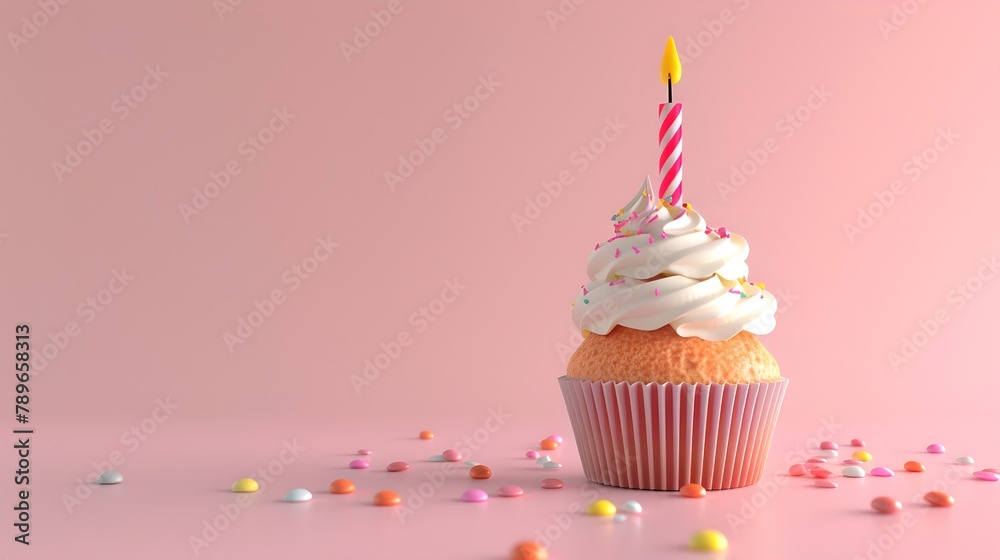 Festive Cupcake with a Lit Candle on a Pink Backdrop, Perfect for Birthday Celebrations and Party Invitations. Delightful Treat for Special Occasions. AI Festive Cupcake with a Lit Candle on a Pink Backdrop, Perfect for Birthday Celebrations and Party Invitations. Delightful Treat for Special Occasions. AI