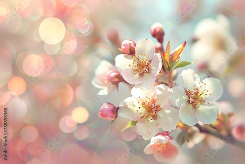 Spring blossom or summer blossoming rose rosehip  toned  bokeh flower background  pastel and soft floral card .