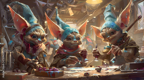 A pack of kobolds at their worktable in the kobold kiln. each making different talismans for the Christmas merriment. They have teal sharp beanies on their heads photo