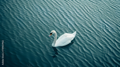 A photo of a graceful swans beak with a pointed tip floating on a calm blue lake. 