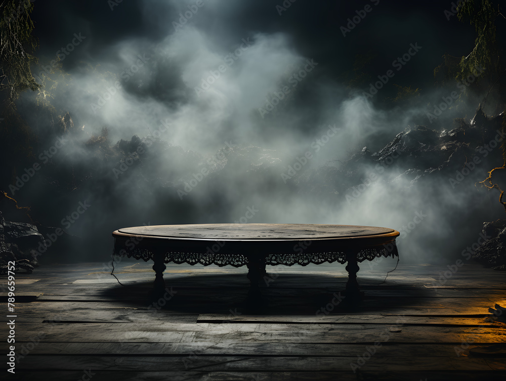 Podium black dark smoke background product platform abstract stage texture fog spotlight. Dark black floor podium dramatic empty night room table concrete wall scene place display studio smoky dust