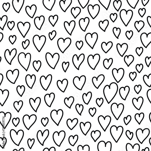 Abstract seamless heart pattern. Hand drawn hearts. Black and white illustration.