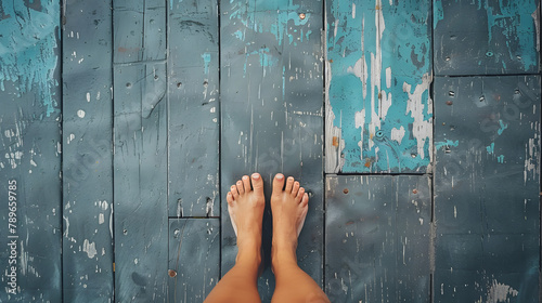 A photo of beautiful female feet with great toes standing on an old gray wooden floor photo