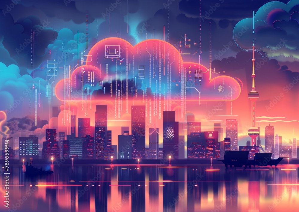 A digital illustration of cloud computing technology with icons and graphs, set against the backdrop of an urban skyline at dusk creates a sense of modernity in business and data Generative AI