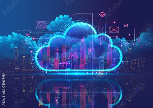 A digital art representation of cloud computing with icons and symbols representing the interconnected nature, surrounded in the style of an urban skyline Generative AI