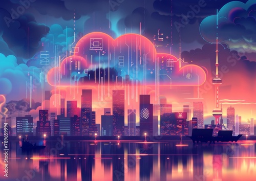 A digital illustration of cloud computing technology with icons and graphs, set against the backdrop of an urban skyline at dusk creates a sense of modernity in business and data Generative AI