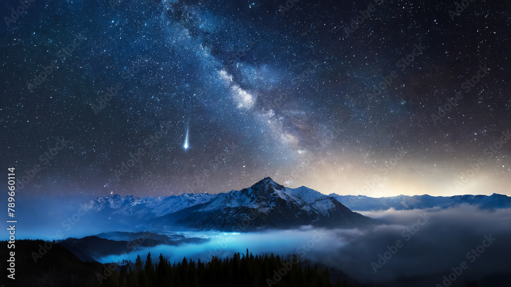 Magischer Moment: Sternschnuppe über majestätischer Bergkulisse
