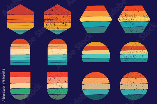 80s retro sunset with grunge texture, abstract vintage sunsets. 1980s style striped gradient sun in different shapes for logo design vector set