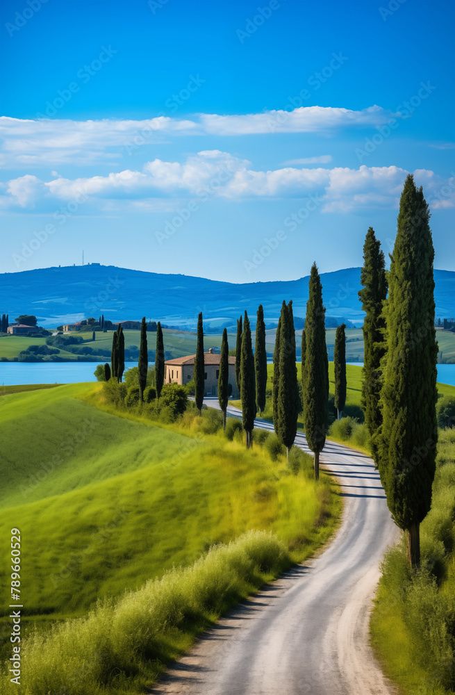 Beautiful landscape of the road along the blue lake, with tall cypress trees and mountain views