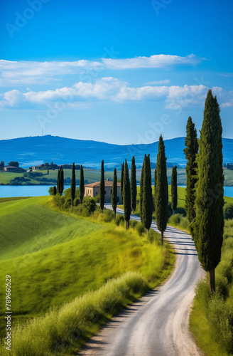Beautiful landscape of the road along the blue lake  with tall cypress trees and mountain views