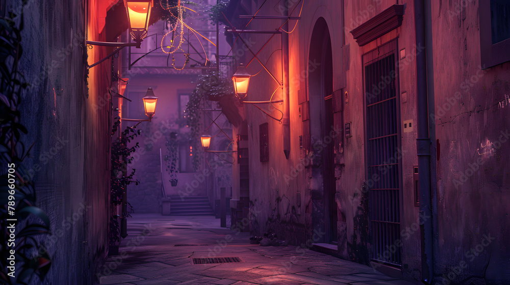 A quiet alleyway at dusk with vintage lamps illuminating the path. minimalistic