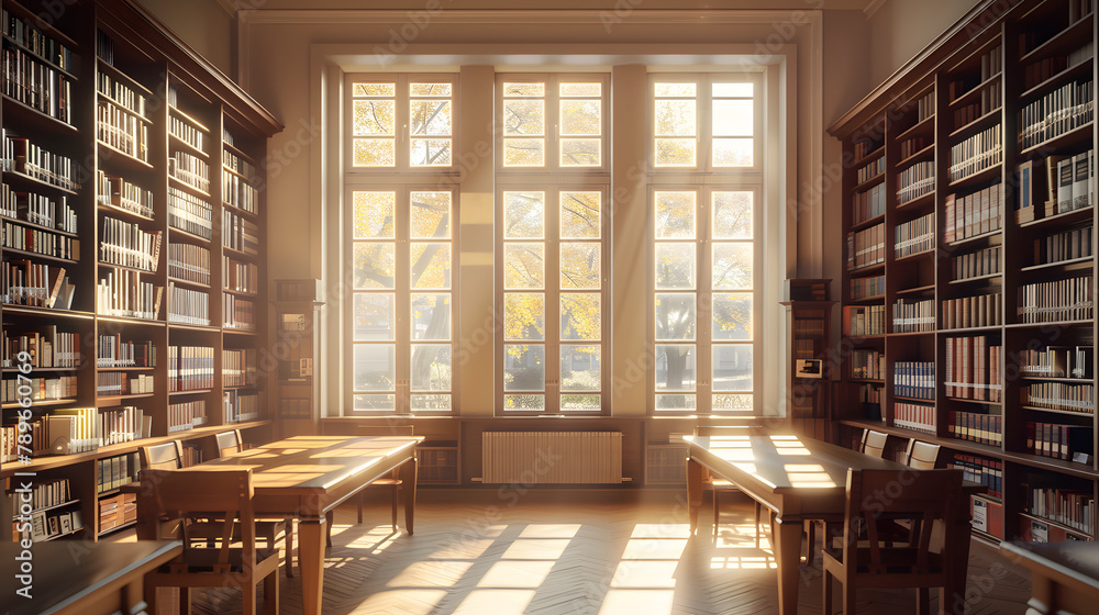 A quiet library in the morning with sunlight streaming through the windows. minimalistic