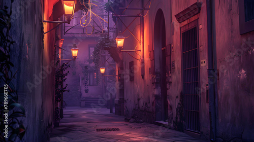 A quiet alleyway at dusk with vintage lamps illuminating the path. minimalistic