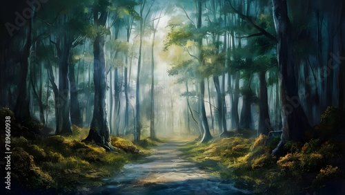 Mystical forest path with ethereal fog photo