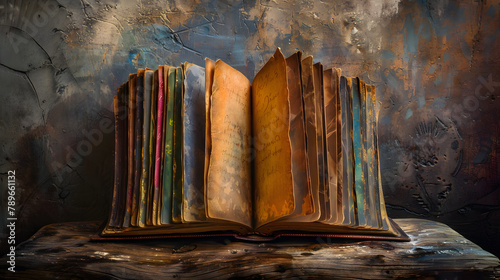 A refined almanac with multi-colored pages representing the passage of time. against a shadowy wall. The turning pages form an abstract representation of evolving society and emotions. 