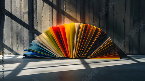 A refined almanac with multi-colored pages representing the passage of time. against a shadowy wall. The turning pages form an abstract representation of evolving society and emotions.  photo