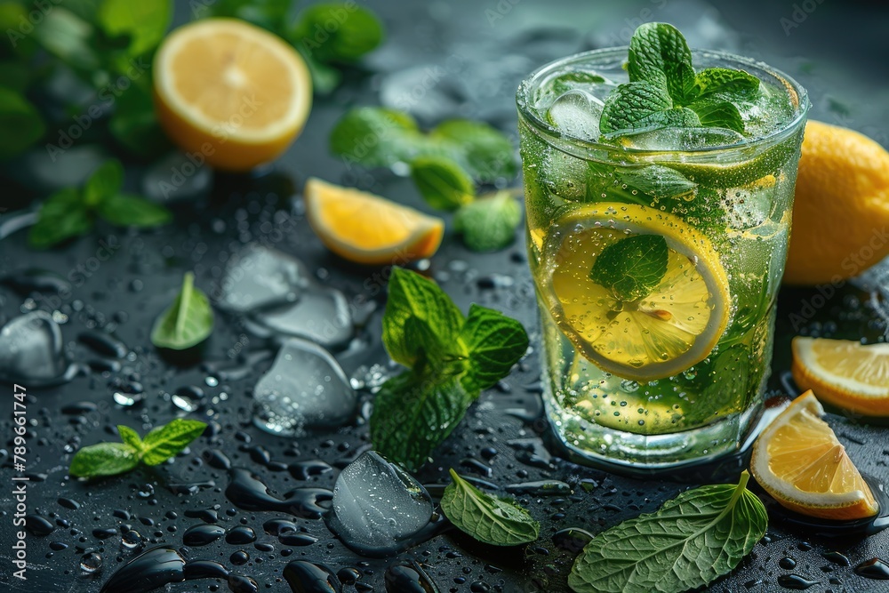 Summer refreshing lemonade drink or alcoholic cocktail with ice, rosemary and lemon slices on pastel light green surface. Fresh healthy cold lemon beverage. Water with lemon. Summer refreshing lemonade drink or alcoholic cocktail with ice, rosemary and lemon slices on pastel light green surface. Fresh healthy cold lemon beverage. Water with lemon.