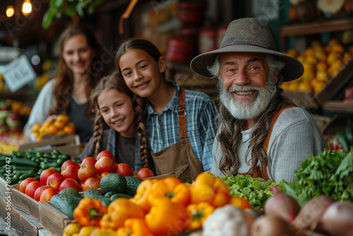 Grandparents  parents  and grandchildren exploring a bustling farmers  market  sampling fresh produce and homemade treats. Concept of culinary adventures and family foodie fun. Generative Ai.